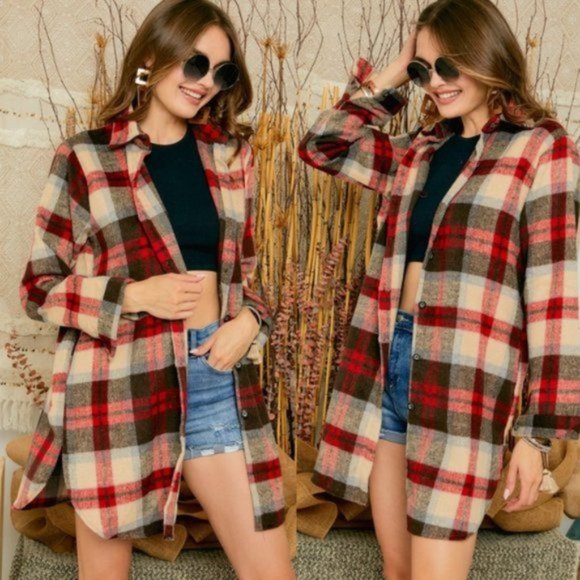 Tops - Red Beige Plaid Flannel Shirt Jacket / Dress L